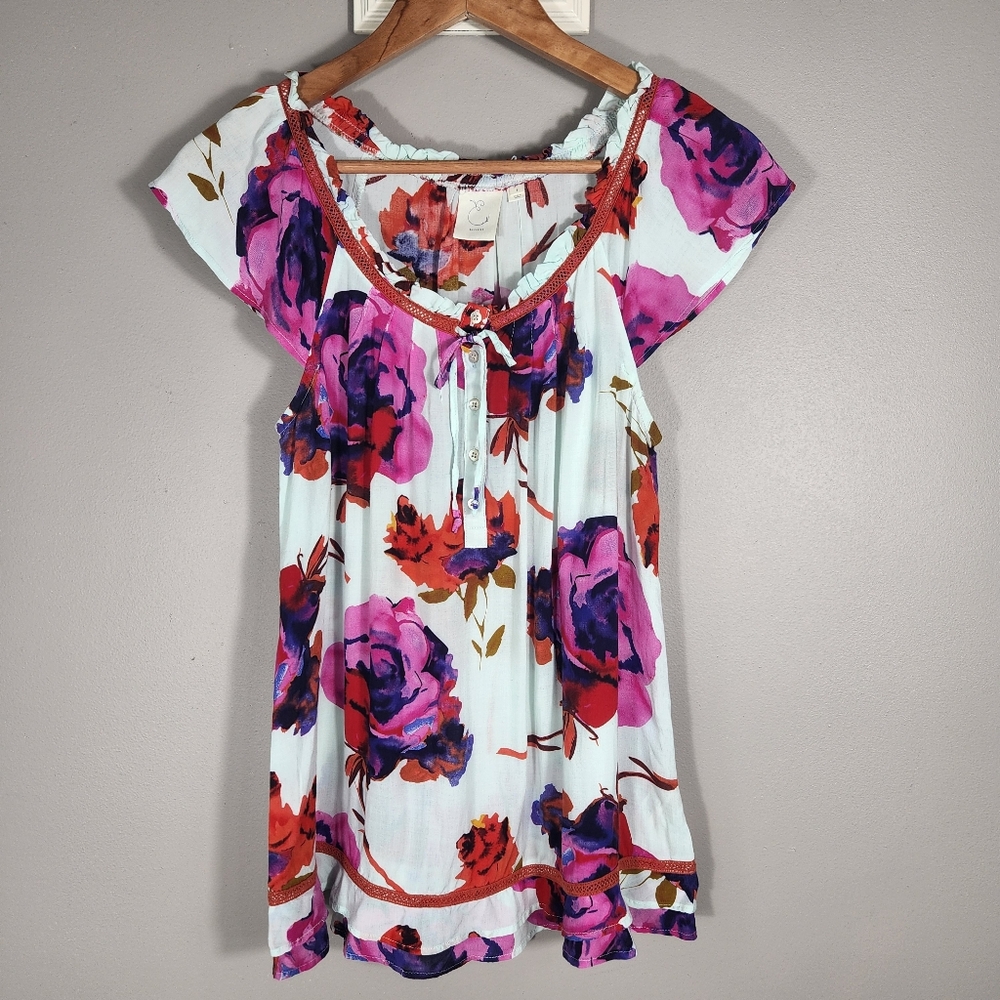 Eloise Anthropologie Blouse Top Shirt Short Sleeve White Purple Floral Prints S